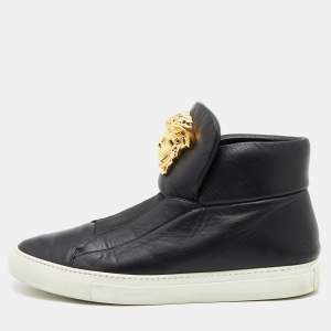 Versace Black Leather Palazzo Medusa High Top Slip On Sneakers Size 44