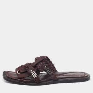 Versace Brown Woven Leather Slide Sandals Size 42