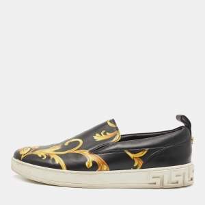 Versace Black/Gold Barocco Printed Leather Slip On Sneakers Size 42