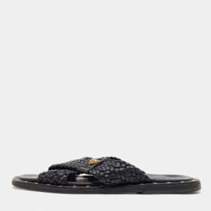 Versace Black Studded Woven Leather Medusa Slide Sandals Size 42
