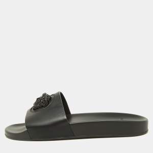 Versace Black Leather Medusa Flat Slide Sandals Size 43
