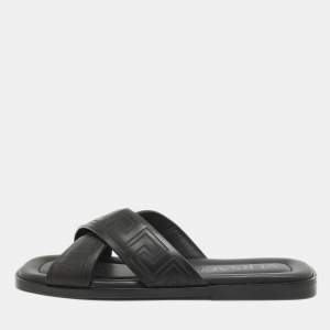 Versace Black Leather Greca Flat Slides Size 42.5