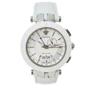 Versace Silver Stainless Steel Leather V-Race GMT 29G9S1D001S001 Men's Wristwatch 46 mm