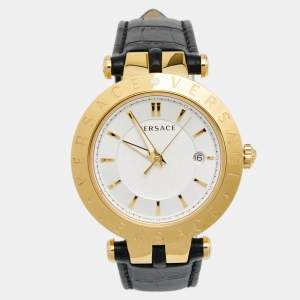 Versace Silver Gold Plated Stainless Steel Leather V-Race VPQ Men's Wristwatch 42 mm