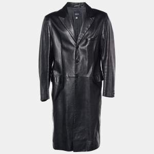 Versus Versace Black Leather Button Front Long Coat 3XL