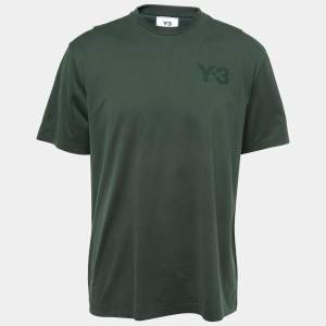 Y-3 Dark Green Cotton Logo Patch Crew Neck Half Sleeve T-Shirt L