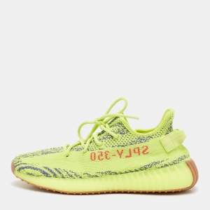 Pre Owned Yeezy x Adidas Neon Yellow Knit Fabric Boost 350 V2 Semi Frozen Yellow Sneakers Size 42 2/3
