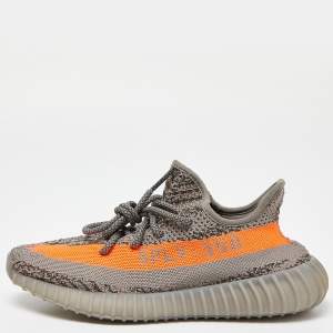 Pre Owned Yeezy x Adidas Grey/Orange Knit Fabric Boost 350 V2 Beluga Reflective Sneakers Size 39 1/3