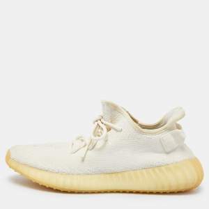 Pre Owned Yeezy x Adidas Cream Knit Fabric Boost 350 V2 Cream Sneakers Size 42 2/3