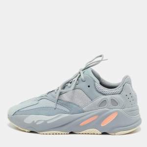 Pre Owned Yeezy x Adidas Grey/Blue Suede and Mesh Boost 700 Inertia Sneakers Size 46