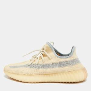 Pre Owned Yeezy x Adidas Beige/Blue Knit Fabric Boost 350 V2 Linen Sneakers Size 41 1/3