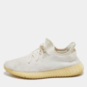 Pre Owned Yeezy x Adidas White Knit Fabric Boost 350 V2 Triple White Sneakers Size 44 2/3