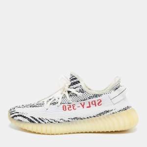 Pre Owned Yeezy x Adidas White/Black Knit Fabric Boost 350 V2 Zebra Sneakers Size 42 2/3