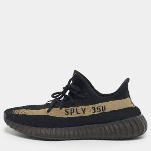 Pre Owned Yeezy x Adidas Black/Green Knit Fabric Boost 350 V2 Core Black Green Sneakers Size 46