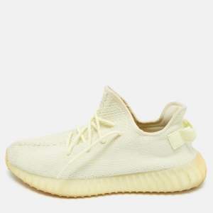 Pre Owned Yeezy x Adidas Light Yellow Knit Fabric Boost 350 V2 Butter Sneakers Size 46 2/3