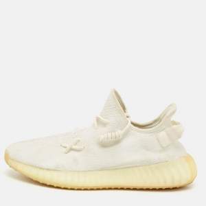 Pre Owned Yeezy x Adidas White Knit Fabric Boost 350 V2 Low Top Sneakers Size 44
