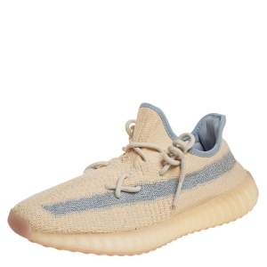 Pre Owned Yeezy x adidas Beige/Grey Knit Fabric Boost 350 V2 Linen Sneakers Size 42