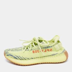Pre Owned Yeezy x Adidas Neon Yellow Knit Fabric Boost 350 V2 Semi Frozen Low-Top Sneakers Size 39 1/3