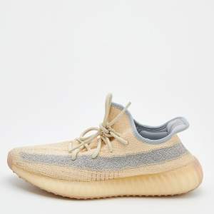 Pre Owned Yeezy x Adidas Beige/Grey Knit Fabric Boost 350 V2 Linen Sneakers Size 44