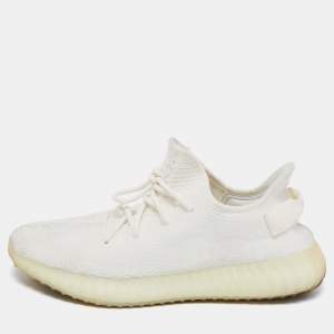 Pre Owned Yeezy x Adidas White Knit Fabric Boost 350 V2 Cream White Sneakers Size 45 1/3