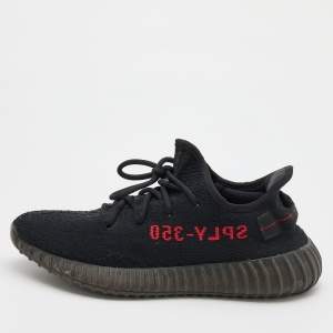 Pre Owned Yeezy x Adidas Black/Red Knit Fabric Boost 350 V2 Bred Sneakers Size 42