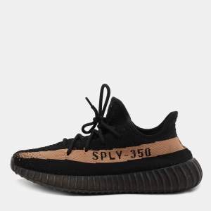 Pre Owned Yeezy x Adidas Black Knit Fabric Boost 350 V2 Copper Sneakers Size 44