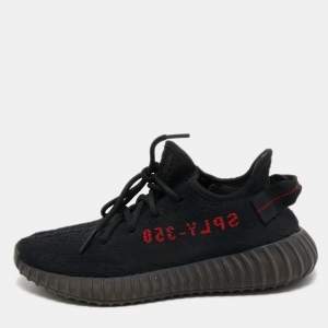 Pre Owned Yeezy x Adidas Black/Red Knit Fabric Boost 350 V2 Bred Sneakers Size 39 1/3