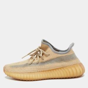 Pre Owned Yeezy x Adidas Beige/Blue Knit Fabric Boost 350 V2 Linen Sneakers Size 38 2/3