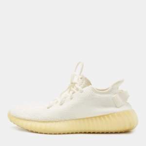 Pre Owned Yeezy x Adidas White Knit Fabric Boost 350 V2 Cream White Sneakers Size 38