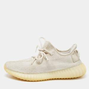 Pre Owned Yeezy x Adidas White Knit Fabric Boost 350 V2 Triple White Sneakers Size 39 1/3