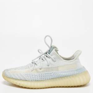 Pre Owned Yeezy x Adidas Blue/White Knit Fabric Boost 350 V2 Cloud- White Sneakers Size 42