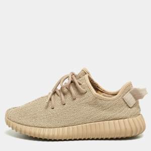 Pre Owned Yeezy x Adidas Brown Knit Fabric Boost 350 V2 Oxford Tan Sneakers Size 38 2/3