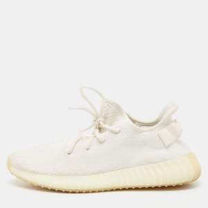 Pre Owned Yeezy x Adidas White Knit Fabric Boost 350 V2 Cream Sneakers Size 43 1/3