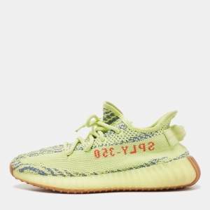 Pre Owned Yeezy x Adidas Neon Yellow Knit Fabric Boost 350 V2 Semi Frozen Yellow Sneakers Size 38