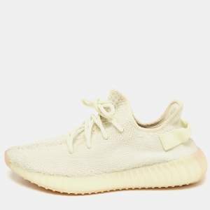 Pre Owned Yeezy x Adidas Light Yellow Knit Fabric Boost 350 V2 Butter Sneakers Size 42 2/3