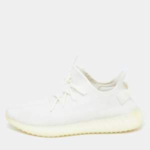 Pre Owned Yeezy x Adidas White Knit Fabric Boost 350 V2 Cream Sneakers Size 46 2/3