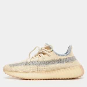 Pre Owned Yeezy x Adidas Beige/Grey Knit Fabric Boost 350 V2 Linen Sneakers Size 41 1/3