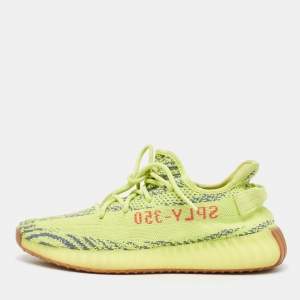 Pre Owned Yeezy x Adidas Neon Yellow Knit Fabric Boost 350 V2 Semi Frozen Yellow Sneakers Size 42 2/3