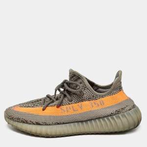 Pre Owned Yeezy x Adidas Grey/Neon Orange Knit Fabric Boost 350 V2 Beluga Reflective Sneakers Size 43 1/3