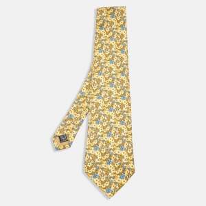 Yves Saint Laurent Vintage Yellow Floral Print Silk Traditional Tie 