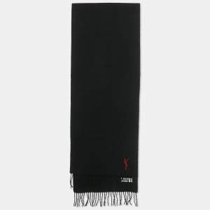 Pre Owned Yves Saint Laurent Black Wool Fringed Muffler 