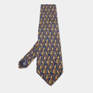 Yves Saint Laurent Paris Navy Blue Wheat Print Silk Tie