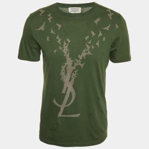 Yves Saint Laurent Paris Green Printed Jersey Crewneck T-Shirt S