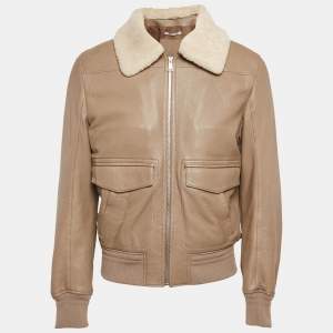 Saint Laurent Tan Leather Shearling Bomber Jacket XL