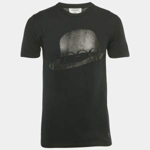 Pre Owned Yves Saint Laurent Black Hat Print Jersey Ysl Detail T-Shirt S