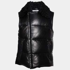 Yves Saint Laurent Black Leather Fur Collar Sleeveless Jacket S