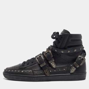 Yves Saint Laurent Black Leather Studded Buckle Detail High Top Sneakers Size 43
