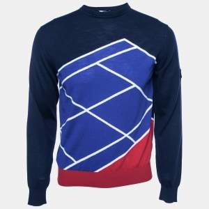 Z Zegna Navy Blue Patterned Wool Crewneck Techmerino Sweater S