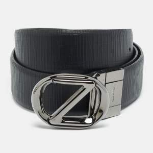 Pre Owned Z Zegna Logo 95 CM Reversible Buckle Belt Black Leather