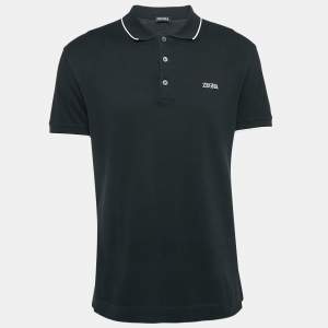 Z Zegna Black Logo Embroidered Cotton Knit Polo L